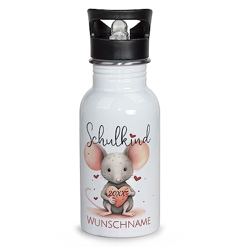 PR Print Royal Edelstahl Trinkflasche zur Einschulung selbst gestalten - Schulkind mit Name und Jahr personalisiert - Trinkflasche Maus, personalisierte Geschenke zur Einschulung | 500 ml, Weiß von PR Print Royal