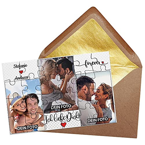 PR Print Royal Foto-Puzzle - Collage Ich Liebe Dich - inkl. Briefumschlag mit Gold-Inlay - Geschenk für Paare, Liebe, Valentinstag - mit DREI Bildern + Namen Bedrucken Lassen - 24 Teile von PR Print Royal