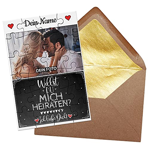 PR Print Royal Foto-Puzzle - Willst du Mich heiraten? - inkl. Briefumschlag mit Gold-Inlay - Geschenk für Paare, Liebe, Valentinstag - mit EINEM Bild + Name Personalisieren Lassen - 24 Teile von PR Print Royal