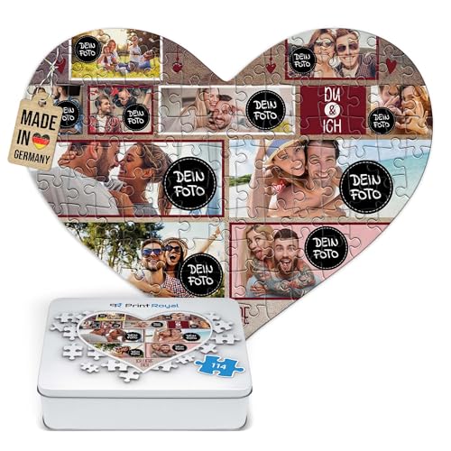 Foto-Puzzle selbst gestalten - Du & Ich - mit 10 Fotos Bedrucken - Herz-Puzzle Personalisieren - Geschenk zu Valentinstag, Jahrestag - 114 Teile inkl. Metalldose von PR Print Royal