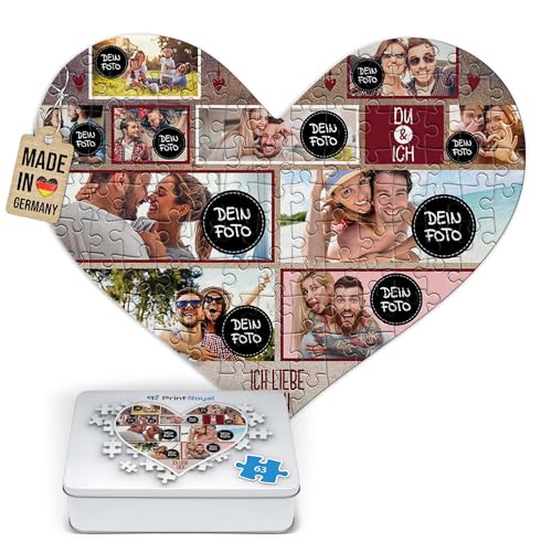 Foto-Puzzle selbst gestalten - Du & Ich - mit 10 Fotos Bedrucken - Herz-Puzzle Personalisieren - Geschenk zu Valentinstag, Jahrestag - 63 Teile inkl. Metalldose von PR Print Royal