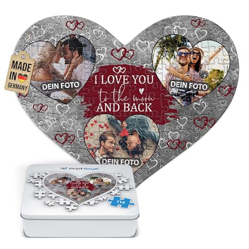 Foto-Puzzle selbst gestalten - I Love You - mit 3 Fotos Bedrucken - Herz-Puzzle Personalisieren - Geschenk zu Valentinstag, Jahrestag - 114 Teile inkl. Metalldose von PR Print Royal