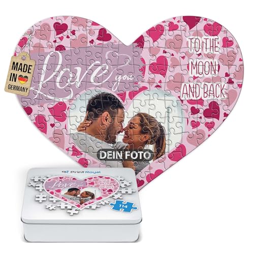 Foto-Puzzle selbst gestalten - Love You - mit einem Foto Bedrucken - Herz-Puzzle Personalisieren - Geschenk zu Valentinstag, Jahrestag - 114 Teile inkl. Metalldose von PR Print Royal