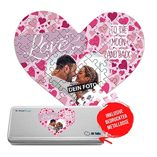 Foto-Puzzle selbst gestalten - Love You - mit einem Foto Bedrucken - Herz-Puzzle Personalisieren - Geschenk zu Valentinstag, Jahrestag - 63 Teile inkl. Metalldose von PR Print Royal