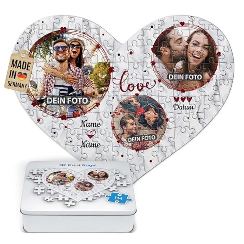 Foto-Puzzle selbst gestalten - Love - mit 3 Fotos, Namen & Datum Bedrucken - Herz-Puzzle Personalisieren - Geschenk zu Valentinstag, Jahrestag - 114 Teile inkl. Metalldose von PR Print Royal