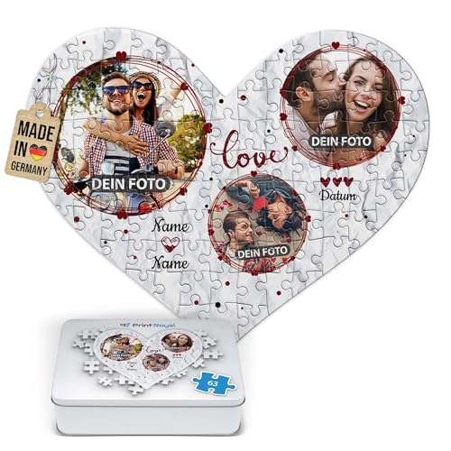 Foto-Puzzle selbst gestalten - Love - mit 3 Fotos, Namen & Datum Bedrucken - Herz-Puzzle Personalisieren - Geschenk zu Valentinstag, Jahrestag - 63 Teile inkl. Metalldose von PR Print Royal