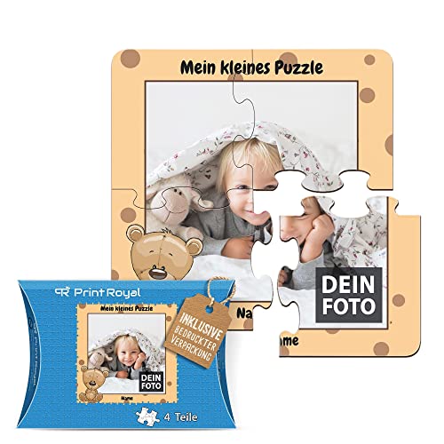 Fotopuzzle aus Holz für Kinder mit Name und Foto Puzzle selbst gestalten - Mein kleines Puzzle mit Bär, Kinderpuzzle | 19 x 19 cm, 4 Teile in Kartonverpackung von PR Print Royal