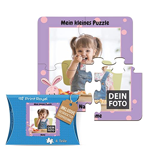 Fotopuzzle aus Holz für Kinder mit Name und Foto Puzzle selbst gestalten - Mein kleines Puzzle mit Hase, Kinderpuzzle | 19 x 19 cm, 4 Teile in Kartonverpackung von PR Print Royal