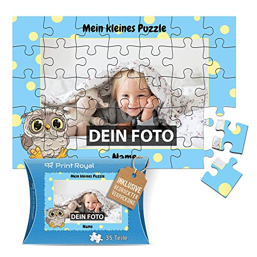 Fotopuzzle für Kinder mit Name und Foto Puzzle selbst gestalten - Mein kleines Puzzle mit Eule, Kinderpuzzle | 28 x 19 cm, 35 Teile in Kartonverpackung von PR Print Royal