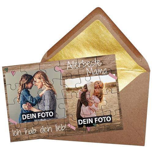 PR Print Royal Puzzle selbst gestalten - Allerbeste Mama mit 2 Fotos - Ich hab Dich lieb - Geschenk für Mama zum Geburtstag und Muttertag | Fotopuzzle 24 Teile, Briefumschlag mit Gold-Inlay von PR Print Royal