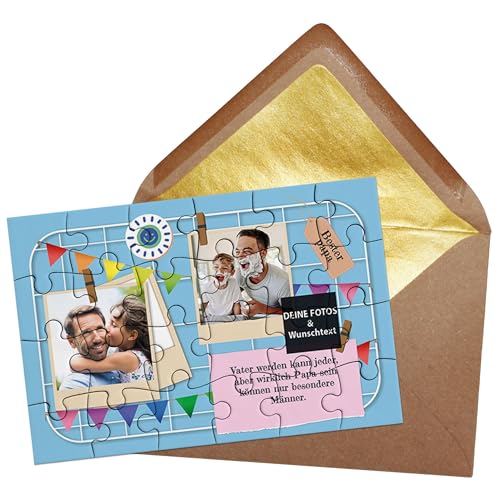 PR Print Royal Puzzle selbst gestalten - Bester Papa mit 2 Fotos und Text - Comic-Style, Geschenk für Papa zum Geburtstag und Vatertag | Fotopuzzle 24 Teile inkl. Briefumschlag mit Gold-Inlay von PR Print Royal