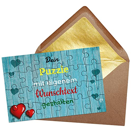 Puzzle selbst gestalten mit Text - 24 Teile Puzzle Personalisieren mit Wunschtext, inkl. Briefumschlag mit Gold-Inlay | Hintergrund Blaues Holz mit Herzen von PR Print Royal