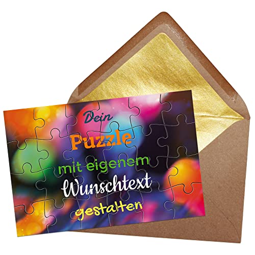 Puzzle selbst gestalten mit Text - 24 Teile Puzzle Personalisieren mit Wunschtext, inkl. Briefumschlag mit Gold-Inlay | Hintergrund Bunter Bokeh-Effekt von PR Print Royal