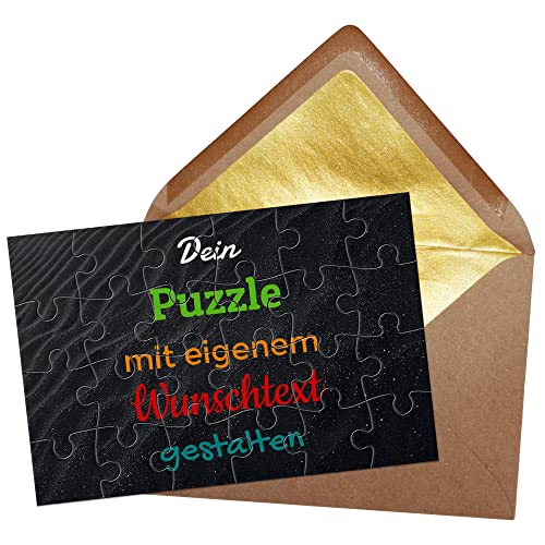 Puzzle selbst gestalten mit Text - 24 Teile Puzzle Personalisieren mit Wunschtext, inkl. Briefumschlag mit Gold-Inlay | Hintergrund Schwarzer Wüstensand von PR Print Royal