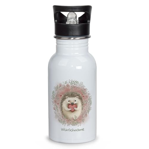 PR Print Royal Trinkflasche Kinder Edelstahl mit Strohhalm und Name - 500 ml, BPA-frei, Auslaufsicher - Personalisierte Trinkflasche für Kinder mit Igel, Geschenk zur Einschulung von PR Print Royal