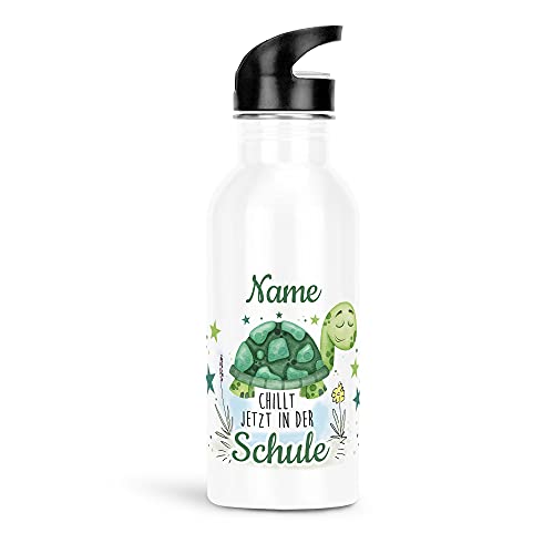 PR Print Royal Trinkflasche als Geschenk zur Einschulung für Mädchen und Jungen - Chillt in der Schule - mit Name personalisierbar - Einschulungsgeschenk, Edelstahl weiß 600 ml von PR Print Royal