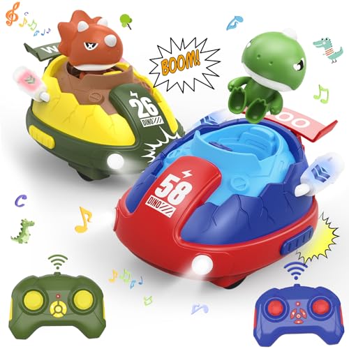 PRANITE Ferngesteuertes Auto, RC Dinosaurier-Bumper Cars 2 Stück für Kinder, RC Autos mit LED-Lichtern und Sound, Auswerfbare RC-Rennwagen für Jungen Mädchen von PRANITE