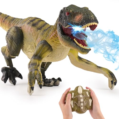 PREBOX Ferngesteuerter Dinosaurier Spielzeug für Jungen, RC Dino Roboter mit Brüllen, Sprühfunktion, Kopf- und Schwanzbewegungen, Realistische Gehbewegungen,Geschenk für Kinder 3-12 Jahre von PREBOX