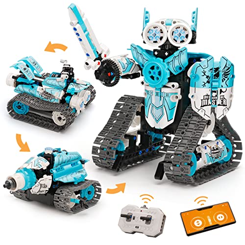 PREBOX Technik Roboter für Kinder,Bauspielzeug 3-in-1 App & Fernsteuerung,Ferngesteuert Panzer Auto Spielzeug für 6-8-12+ Jahre,RC Architecture Geschenk für Jungen Mädchen,Blau(398 Stück) von PREBOX