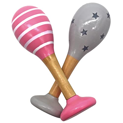 PREMYO Rassel Baby Musik Spielzeug - Holzspielzeug Maracas Babyspielzeug - Sterne Streifen Rosa Grau von PREMYO