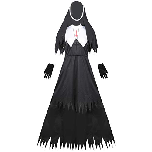 PRETYZOOM Horror Halloween Nonne Kostü Gruselige Scary Kleid mit Schleier für Damen Fasching Karneval Robe Pastor Priester Cosplay Zombie Vampir Verkleidung von PRETYZOOM