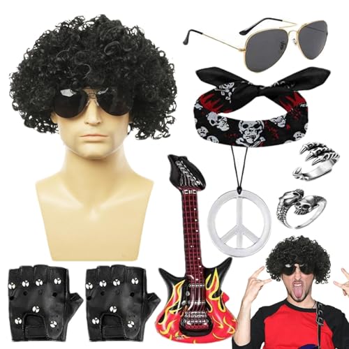 80er Jahre Rocker Kostüm Herren, Rocker 80er Jahre Themed Outfits, 9 Punk Male Outfits Curly Rock Perücke, Punk Kostüm Outfits für Maskerade von PRIMUZ