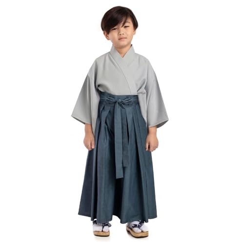 PRINCESS OF ASIA Traditionelles japanisches Kinder Samurai Kostüm Kimono Set Kendo Gi Shirt + Hakama Hose für Jungen und Mädchen aus Baumwolle (Grau & Grau, Large (Kids 11-13 Jahre)) von PRINCESS OF ASIA