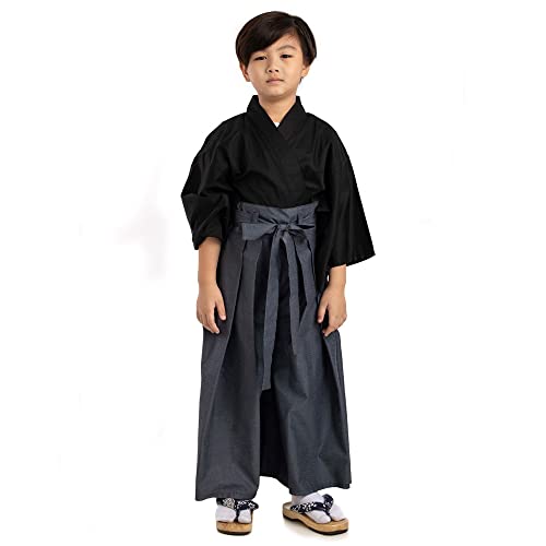 PRINCESS OF ASIA Traditionelles japanisches Kinder Samurai Kostüm Kimono Set Kendo Gi Shirt + Hakama Hose für Jungen und Mädchen aus Baumwolle (Grau & Schwarz, Large (Kids 11-13 Jahre)) von PRINCESS OF ASIA