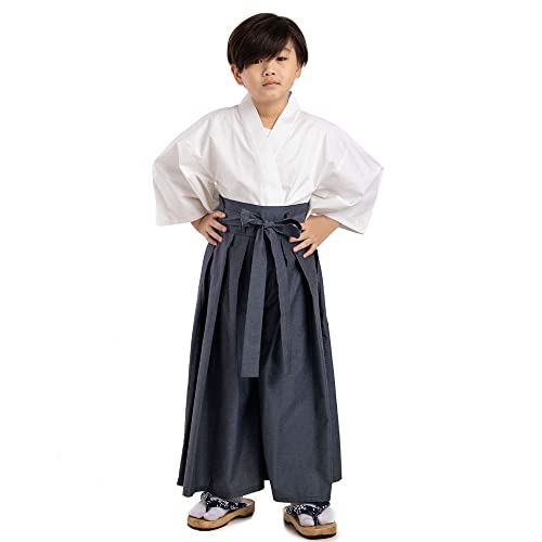 PRINCESS OF ASIA Traditionelles japanisches Kinder Samurai Kostüm Kimono Set Kendo Gi Shirt + Hakama Hose für Jungen und Mädchen aus Baumwolle (Grau & Weiß, Large (Kids 11-13 Jahre)) von PRINCESS OF ASIA