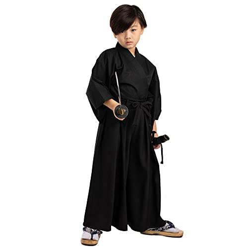 PRINCESS OF ASIA Traditionelles japanisches Kinder Samurai Kostüm Kimono Set Kendo Gi Shirt + Hakama Hose für Jungen und Mädchen aus Baumwolle (Schwarz & Schwarz, Large (Kids 11-13 Jahre)) von PRINCESS OF ASIA