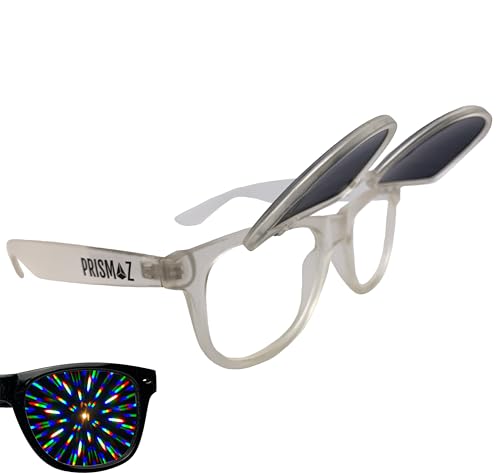 PRISMAZ Hochklappbare Beugungsbrille Für Fantastische Regenbogen Kaleidoskop Effekte - Als Festival Rave Feuerwerk Party Accessoire (Matt Transparent (Beugungsgläser Oben)) von PRISMAZ