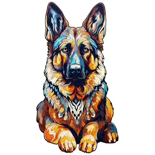 PRSTENLY Holzpuzzle für Erwachsene, Deutscher Schäferhund Puzzle Tierpuzzle aus Holz Einzigartige Form Puzzleteile Erwachsene, Holzpuzzle für Erwachsene mit Hölzerner Geschenkbox 21 * 11.4cm 80 Teile von PRSTENLY