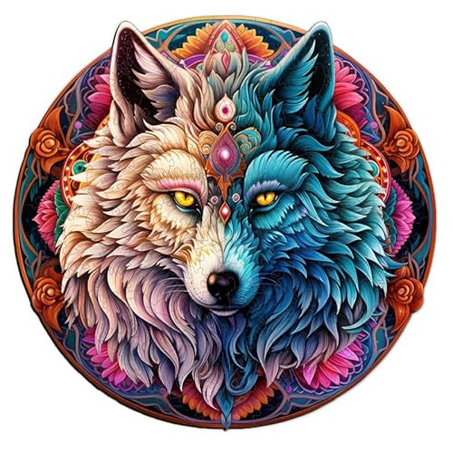 PRSTENLY Holzpuzzle für Erwachsene, Mandala Yin Yang Wolf Puzzle Tierpuzzle aus Holz Einzigartige Form Puzzleteile Erwachsene, Holzpuzzle für Erwachsene mit hölzerner Geschenkbox 34*33.3cm 300 Teile von PRSTENLY