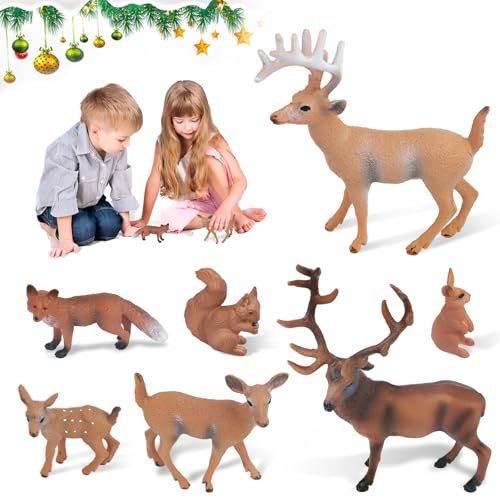 7 Stück Waldtiere Figuren Spielzeug, Weißwedelhirsch, Weißwedelkuh, Woodland Tiere Figuren mit Hirsch Familie, Elch, Fuchs, Kaninchen, Eichhörnchen für Woodland Kuchen Toppers Weihnachten Party Deko von PRZRAO