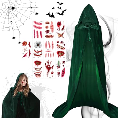 PRZRAO Halloween Umhang mit Kapuze, Schwarzer Umhang mit Kapuze 150CM Samt Cape Vampir Kostüm Damen Herren Erwachsener für Karneval Halloween Cosplay Kostüm XXL (Grün) von PRZRAO