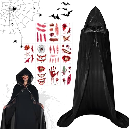 PRZRAO Halloween Umhang mit Kapuze, Schwarzer Umhang mit Kapuze 150CM Samt Cape Vampir Kostüm Damen Herren Erwachsener für Karneval Halloween Cosplay Kostüm XXL (Schwarz) von PRZRAO