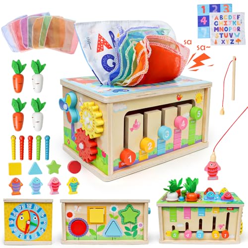 PRZRAO Montessori Spielzeug Baby, Motorikwürfel Holzspielzeug, 8-in-1 Tücherbox mit Knistertuch, Aktivitätswürfel Holzspielzeug Motorikspielzeug für Kinder, Tissue Box Montessori Holzspielzeug von PRZRAO