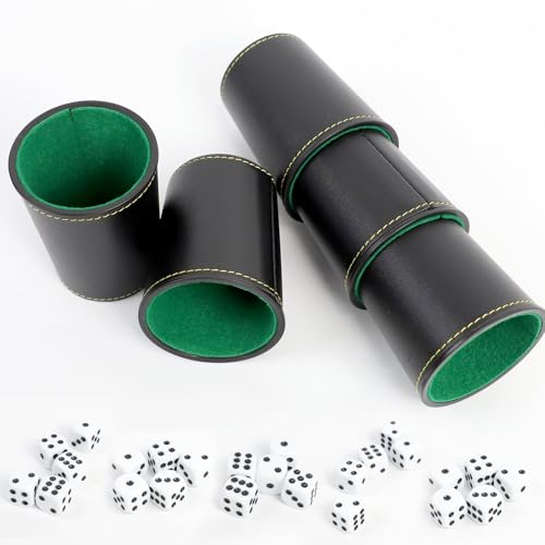 PRZRAO Schocken Set, 5 Würfelbecher Leder mit 25 Würfeln, Schockbesteck, Schockbesteck Set, Knobelbecher Leder, Kniffelbecher, Leder Würfelbecher, PU Leder Würfelbecher Set, 5 Würfel mit Becher von PRZRAO