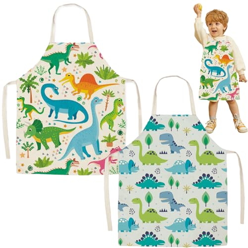 2pcs kinder Schürze 2 Stile süße Dinosaurier Kleinkindschürze Waschbarer Polyester Farbe Schürze für verstellbare und atmungsaktive Kunstschürzen für Kinder für Kinder, das Backmalerei kocht, Kleinki von PSFDEWT