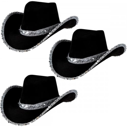 3pcs schwarzer Cowboyhut, silberne Pailletten Wide Rand Sparkly Cowboy Hut, klassischer stilvoller atmungsaktiver und funktionaler Cowboyhut für tägliche Verschleiß, Reisen, Cosplay, schwarzer Cowboy von PSFDEWT