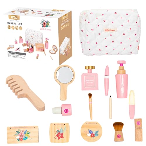 Holz Make -up -Spielzeug Set umfassende frühe pädagogische gefälschte Make -up -fantasievolle interaktive Make -up süße glatte Make -up -Spielzeug mit Baumwoll -Make -up -Tasche, Geschenke für Mädche von PSFDEWT