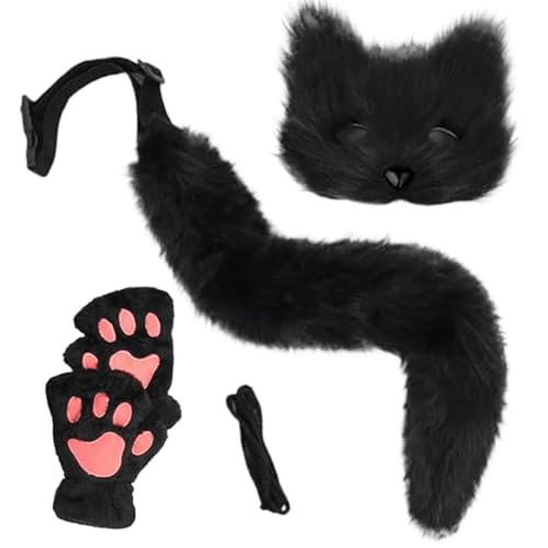 PSFDEWT 3pcs Fox -Kostüm Pelsery Therian Maske und Tail & Paws Handschuhe Plüsch Flauschige Katze Wolf Pelsery Kostüm mit Maske, Schwanz und Handschuhen für Cosplay -Party Masquerade Fox Kostüm von PSFDEWT