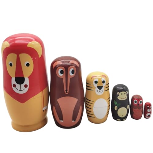 PSFDEWT 6pcs/Set nisting dugen, Tiermuster Matryoshka Puppe Holzmatrioshka Russische Nistpuppen Stapelspielzeug für Kinder, Heimdekoration, Geschenke für Kindermatryoshka von PSFDEWT