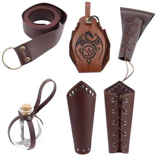 Viking Kostüm Männer 5pcs/Set Leder Halloween mittelalterlich Kostüm Männer Wanderungen Set Renaissance Fantastische braune Cosplay -Requisiten für Halloween Cosplay Kostüm Viking Kostüm Männer von PSFDEWT