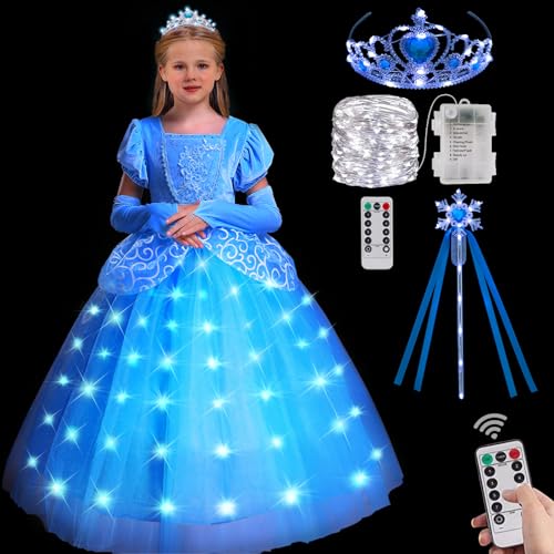 PTAYLTZX Light Up Prinzessin Kleid Mädchen Kleinkind Blau Prinzessin Kostüm Kinder Halloween Cosplay Prinzessin Kleid (Blau mit Accessoires, 2-3 Jahre) von PTAYLTZX