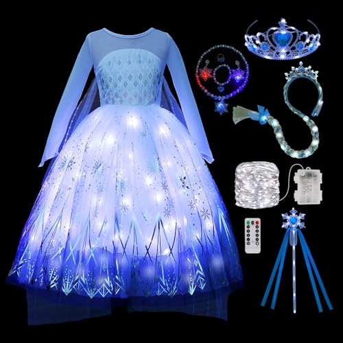 PTAYLTZX Light Up Prinzessin Kostüm Kleid für Mädchen Halloween Geburtstag Party Outfit Cosplay Dress Up für Kinder (weiß Upgrade, 6-7 Jahre) von PTAYLTZX