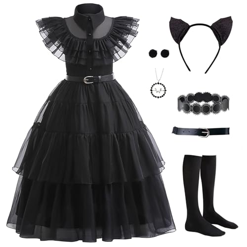 PTAYLTZX Mittwoch Kleid für Kinder Mädchen, Addams Family Cosplay Outfit Gothic Kostüme für Halloween, Familienfeier, Geburtstag (Schwarz, 10-11 Jahre) von PTAYLTZX