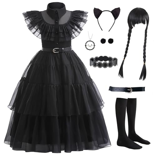 PTAYLTZX Mittwoch Kleid für Kinder Mädchen, Addams Family Cosplay Outfit Gothic Kostüme für Halloween, Familienfeier, Geburtstag (Schwarzes Upgrade, 10-11 Jahre) von PTAYLTZX