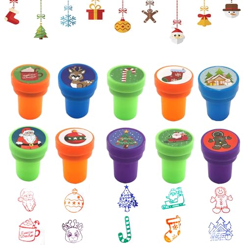 PTBWS 10 Stück Kinder Selbstfärbend Stempel, Stempelset Weihnachten, Stempel Weihnachten Kinder,Spielzeugstempel Weihnachts, perfekt als kleine Party-Überraschung für Kinder zu Weihnachten (A) von PTBWS