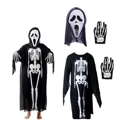 Halloween Skelett Kostüm, inkl Halloween Skelett Gesichtsmaske mit 1 Paar Skelett Handschuhe,Halloween Skelett Overall,Halloween Skelett Robe,for Adult Halloween Dance Costume Party von PTBWS